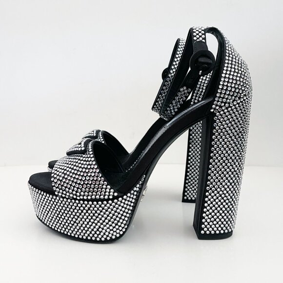 Prada Embellished Satin Platform Sandals with Crystals Logo 38.5 - Picture 4 of 14